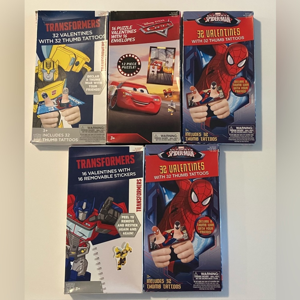 Transformers and Spider-Man Valentine Cards with Tattoos‎ set of 5